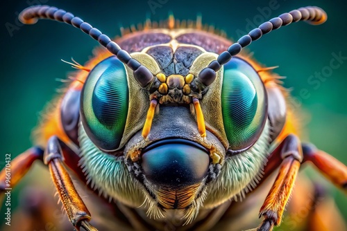 Extreme close-up of an insect's tiny facial features, showcasing intricate details of antennae, mandibles, and compound