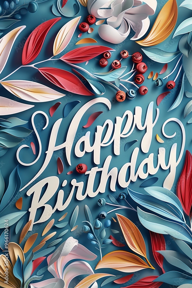 Fototapeta premium Happy Birthday wishes with colorful paper flowers.