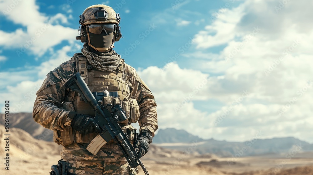 Tactical soldier fully equipped, standing tall in a desert environment, displaying strength and readiness for battle. Tactical soldier fully equipped, standing tall in a desert environment, displaying strength and readiness for battle.