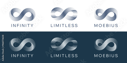 Gritty Dots Digital Technology Grey Light Vector Infinity Logo. Artificial Intelligence Abstract Data Limitless Sign Concept. Grain Texture Endless Infinite Loop Emblem Templates Set Isolated