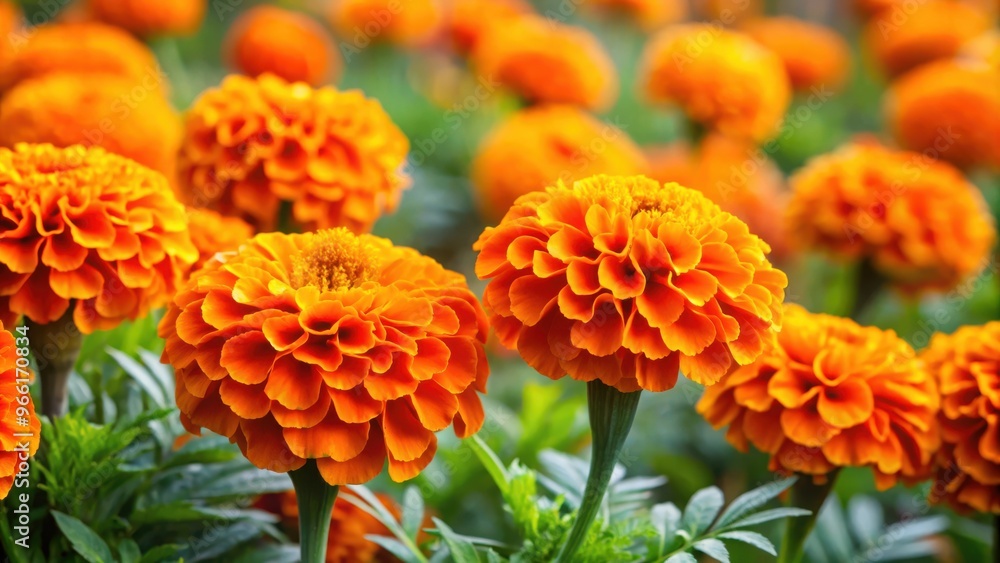 Vibrant marigold orange flowers blooming in a garden flowerbed