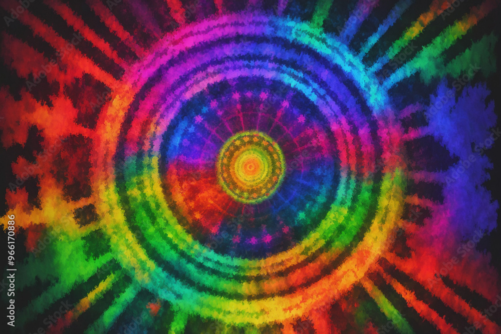 Trippy circle with bright rainbow colors and 1960s style print Trippy circle with bright rainbow colors and 1960s style print
