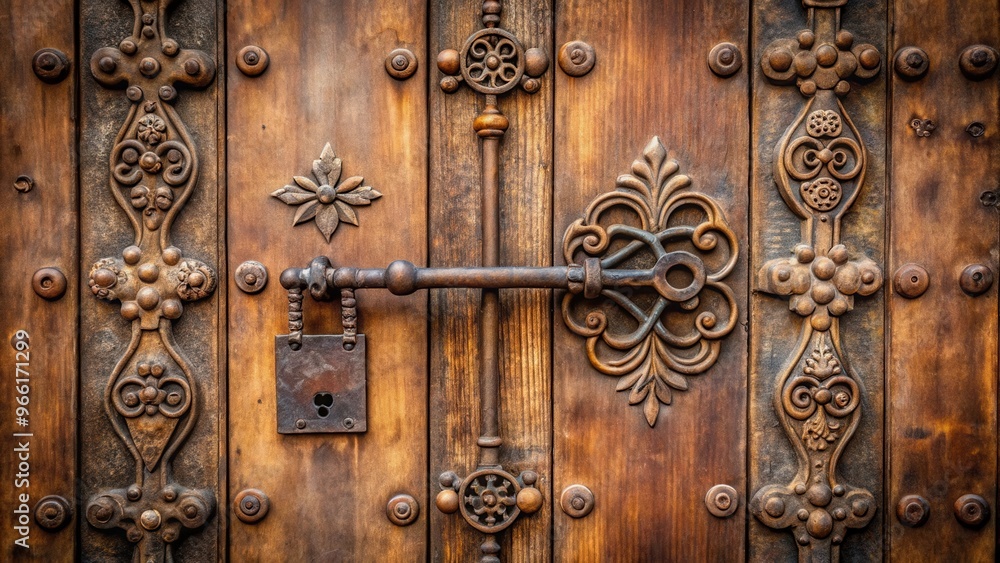 Rustic iron door with intricate key stone design, perfect for vintage or historical themes Rustic iron door with intricate key stone design, perfect for vintage or historical themes