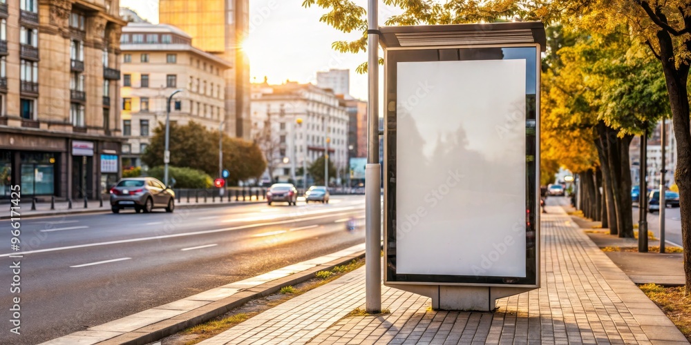 Blank Billboard on City Street, Sunlight, Mockup, Advertisement, Street Furniture, Billboard, Urban Blank Billboard on City Street, Sunlight, Mockup, Advertisement, Street Furniture, Billboard, Urban