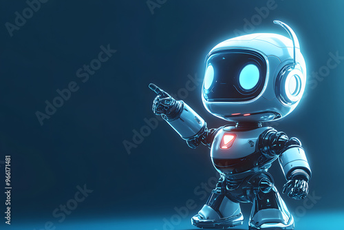 Positive cute robot pointing at a space. Copy space