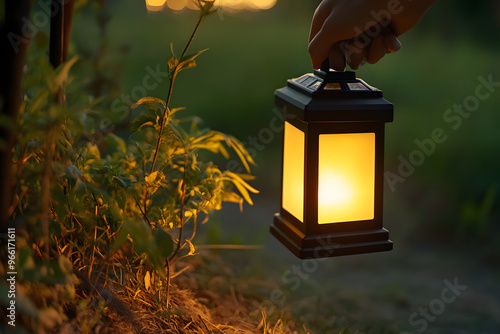  a solar-powered lantern being turned on at dusk, with the soft light illuminating the surroundings