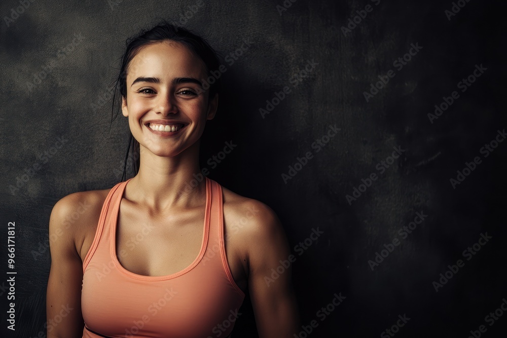 Smiling woman in pink sports bra against dark background. Smiling woman in pink sports bra against dark background.