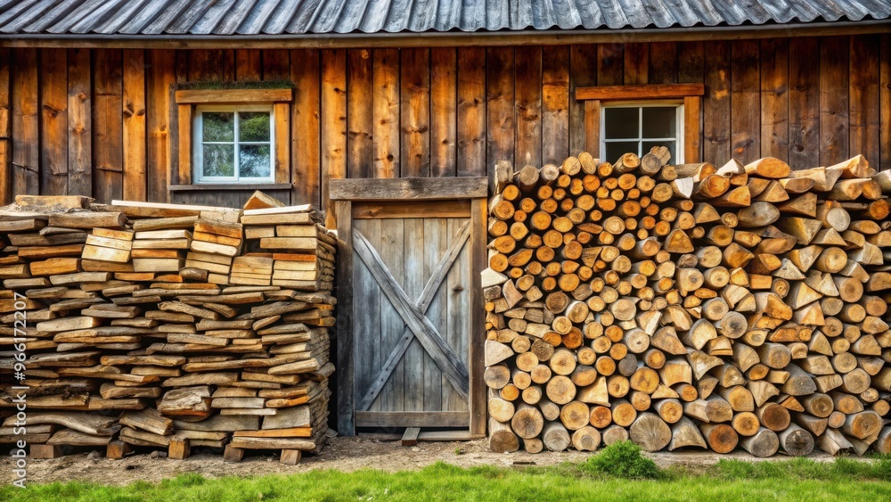 Chopped firewood stacked against a rustic country house wall for winter heating Chopped firewood stacked against a rustic country house wall for winter heating