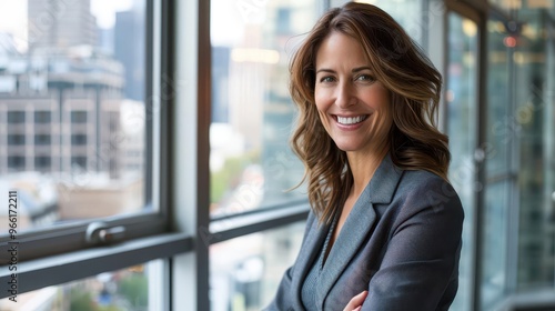 Free Download professional businesswoman with a warm smile in a sleek office setting cityscape visible through large windows conveying success and leadership in a modern corporate environment - GFXLoad
