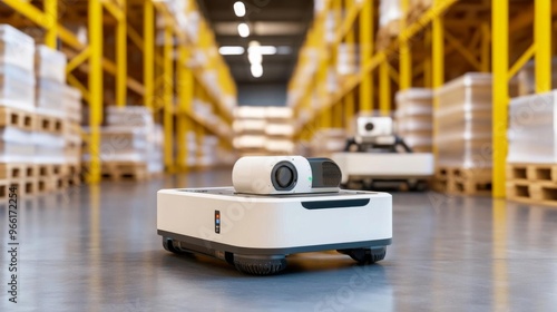 Floor view of automated warehouse robots maneuvering seamlessly, demonstrating precision and efficiency