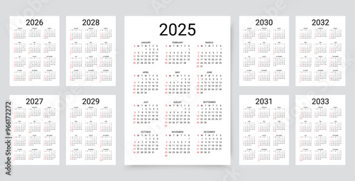 2025, 2026, 2027, 2028, 2029, 2030, 2031 2032, 2033 years calendar. Week starts Sunday. Simple calender template. Planner layout with 12 months. Yearly diary. Organizer in English. Vector illustration