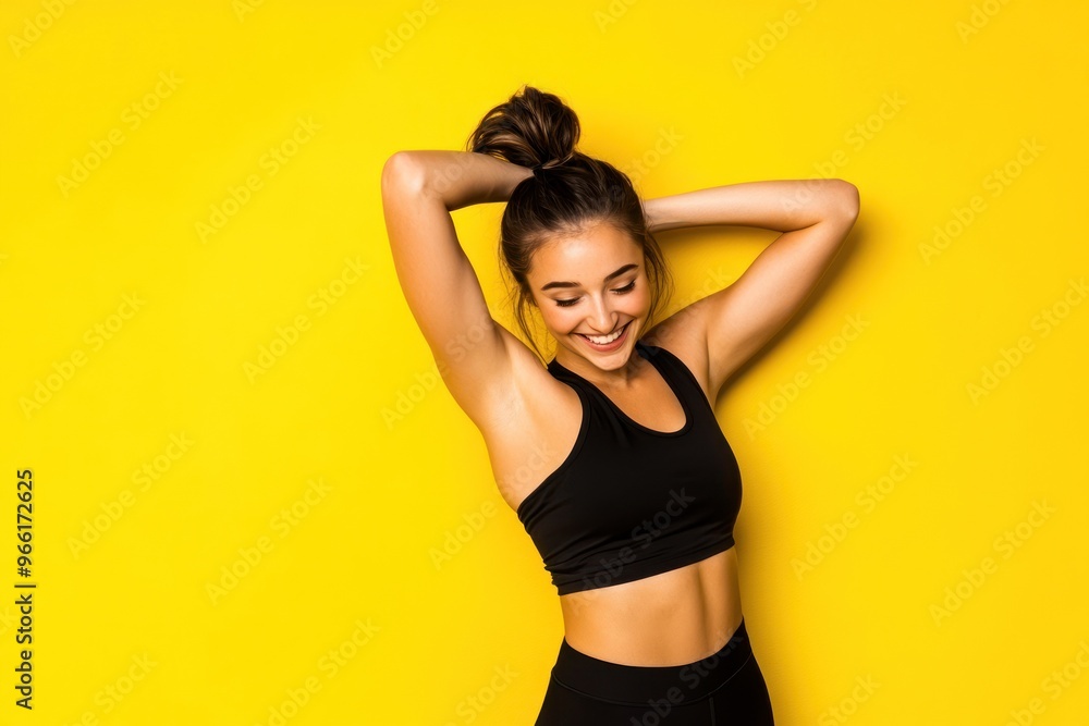 Cheerful woman in black sportswear smiling against yellow Cheerful woman in black sportswear smiling against yellow