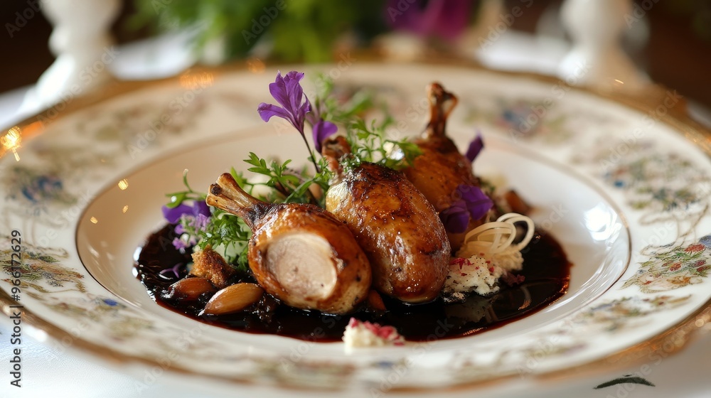 A gourmet dish featuring roasted quail with herbs, garnished with edible flowers and served on a decorative plate. A gourmet dish featuring roasted quail with herbs, garnished with edible flowers and served on a decorative plate.