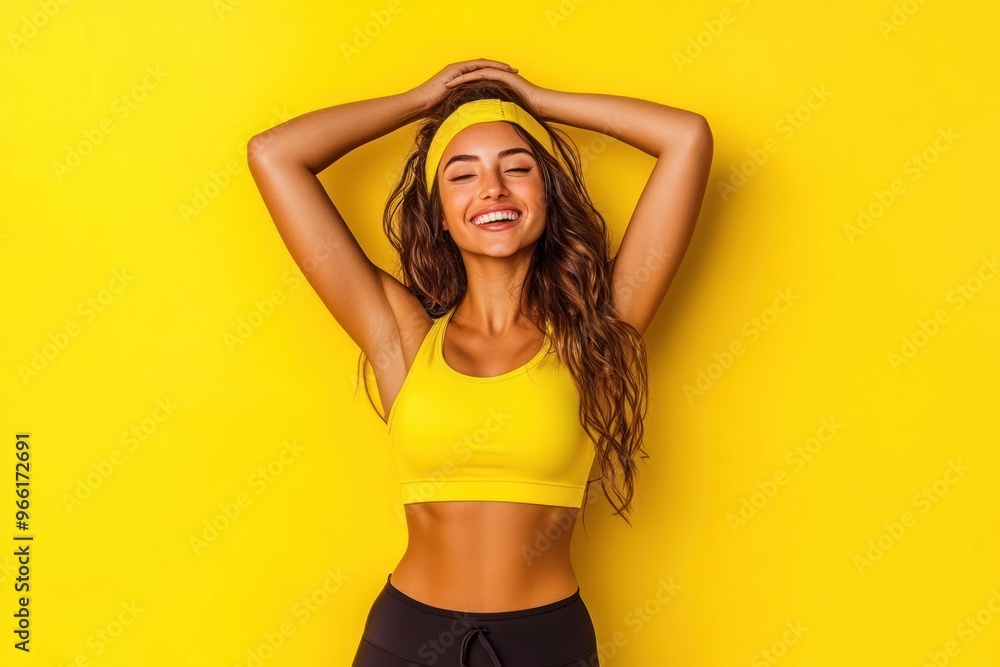Smiling woman in yellow top with headband on yellow background Smiling woman in yellow top with headband on yellow background