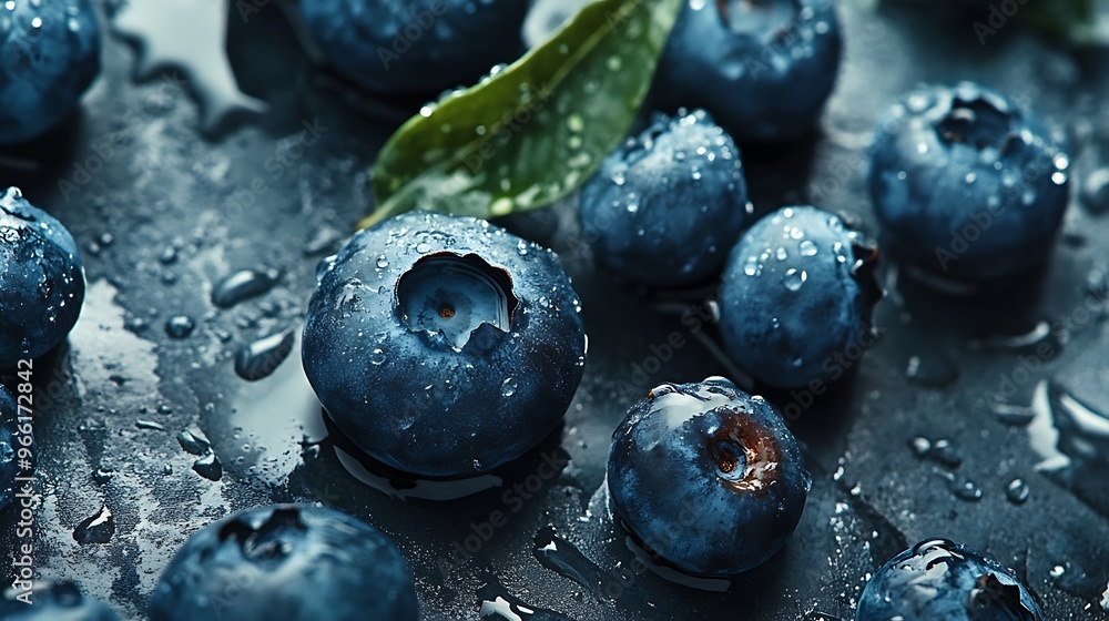 Fresh Blueberries with Dew on Muted Gray Surface - Aerial View of Juicy Berries Fresh Blueberries with Dew on Muted Gray Surface - Aerial View of Juicy Berries
