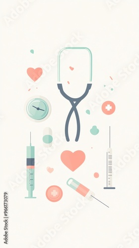 A collection of medical tools, including syringes and a stethoscope, surrounded by heart symbols and other health-related icons photo