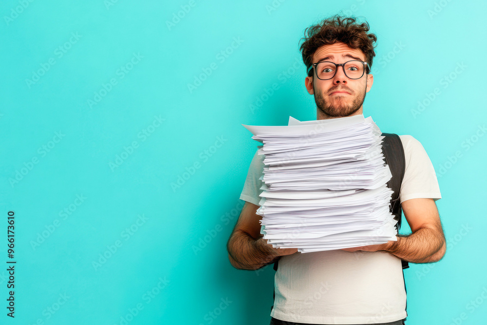 Student holding a large stack of papers for a project Student holding a large stack of papers for a project