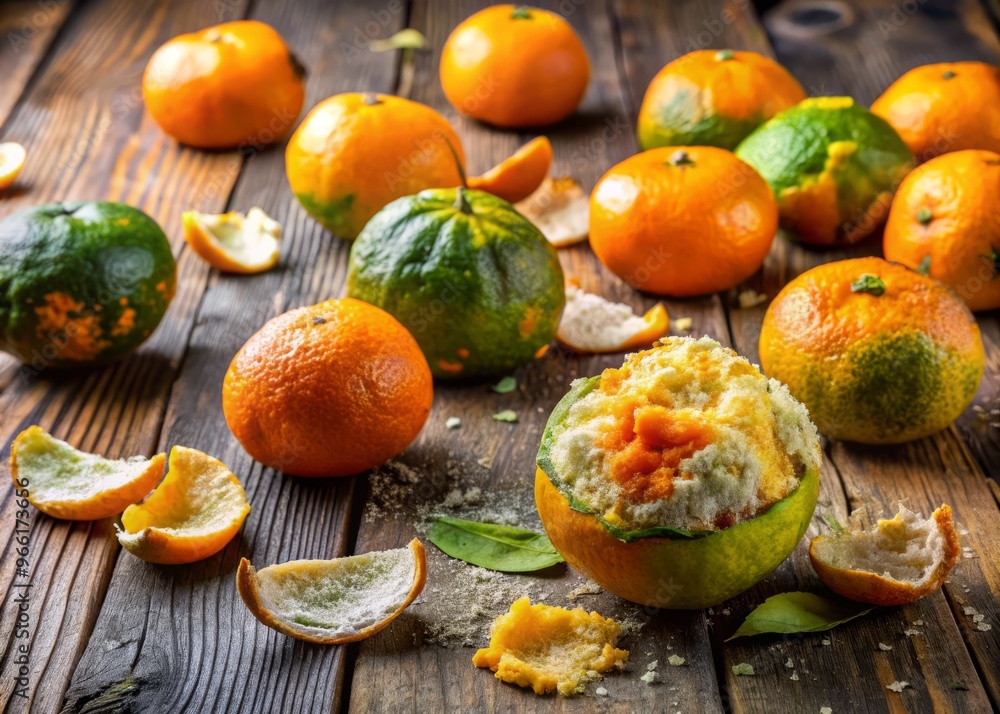 Forgotten citrus fruits left to decay, now overgrown with fuzzy green mold, scatter the surface of a worn Forgotten citrus fruits left to decay, now overgrown with fuzzy green mold, scatter the surface of a worn