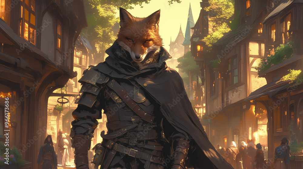 fox beastfolk warrior standing confidently in a sunlit village street surrounded by medieval buildings and people in warm daylight fox beastfolk warrior standing confidently in a sunlit village street surrounded by medieval buildings and people in warm daylight