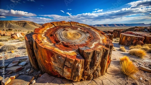 Fossilized ancient tree trunk exhibits intricate, stone-like patterns and vibrant earth tones, its natural beauty photo