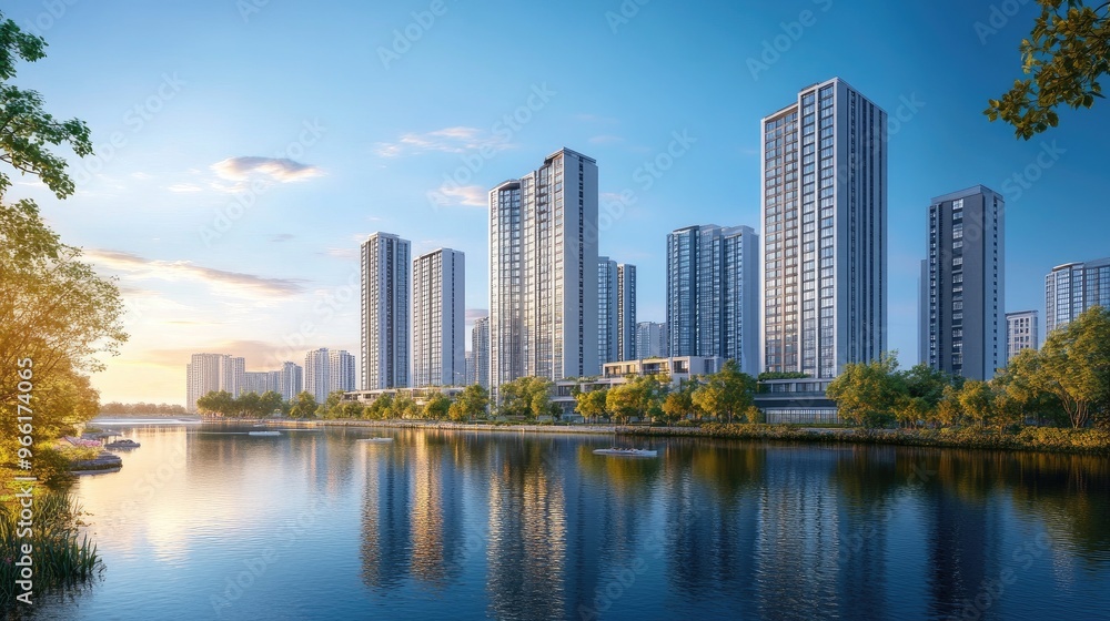A daytime view of tall office buildings and luxury apartments along the riverbank, with the river reflecting the modern architecture and surrounding greenery. A daytime view of tall office buildings and luxury apartments along the riverbank, with the river reflecting the modern architecture and surrounding greenery.
