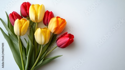 A beautiful bouquet of red and yellow tulips arranged on a white tabletop. The tulips are in full bloom, with their petals unfurling in a delicate and graceful manner. The bright colors of the tulips 