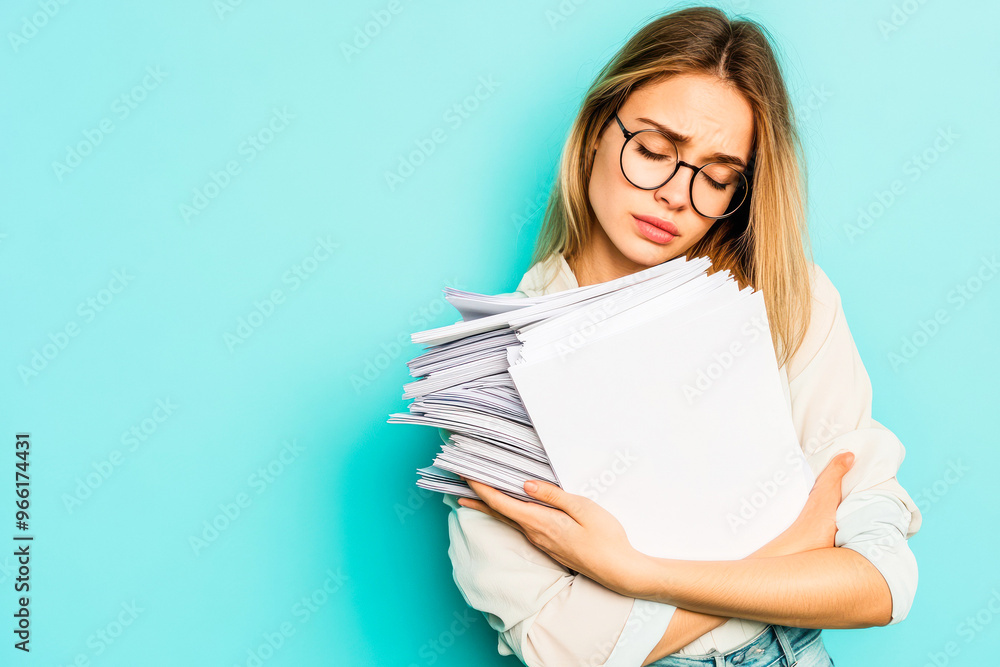 Woman with glasses holding a stack of papers looking sad. Woman with glasses holding a stack of papers looking sad.
