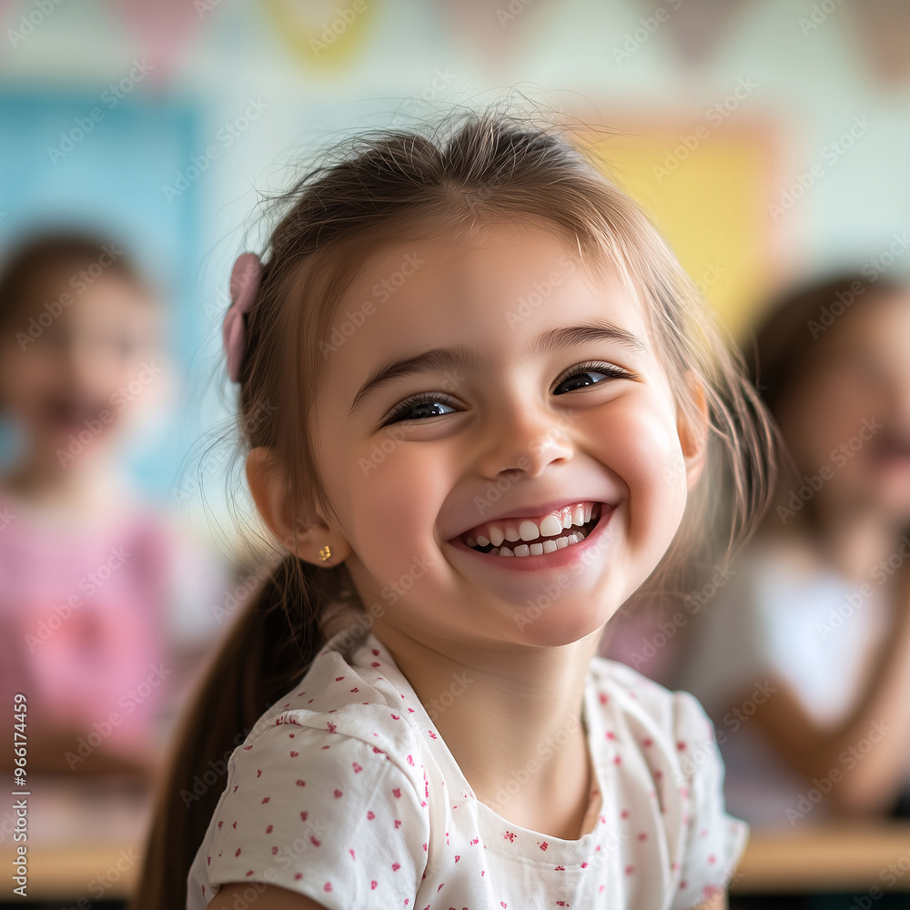 A young girl smiling happily in a classroom A young girl smiling happily in a classroom