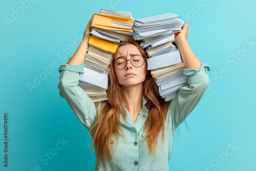 Woman with papers on her head looking exasperated. photo