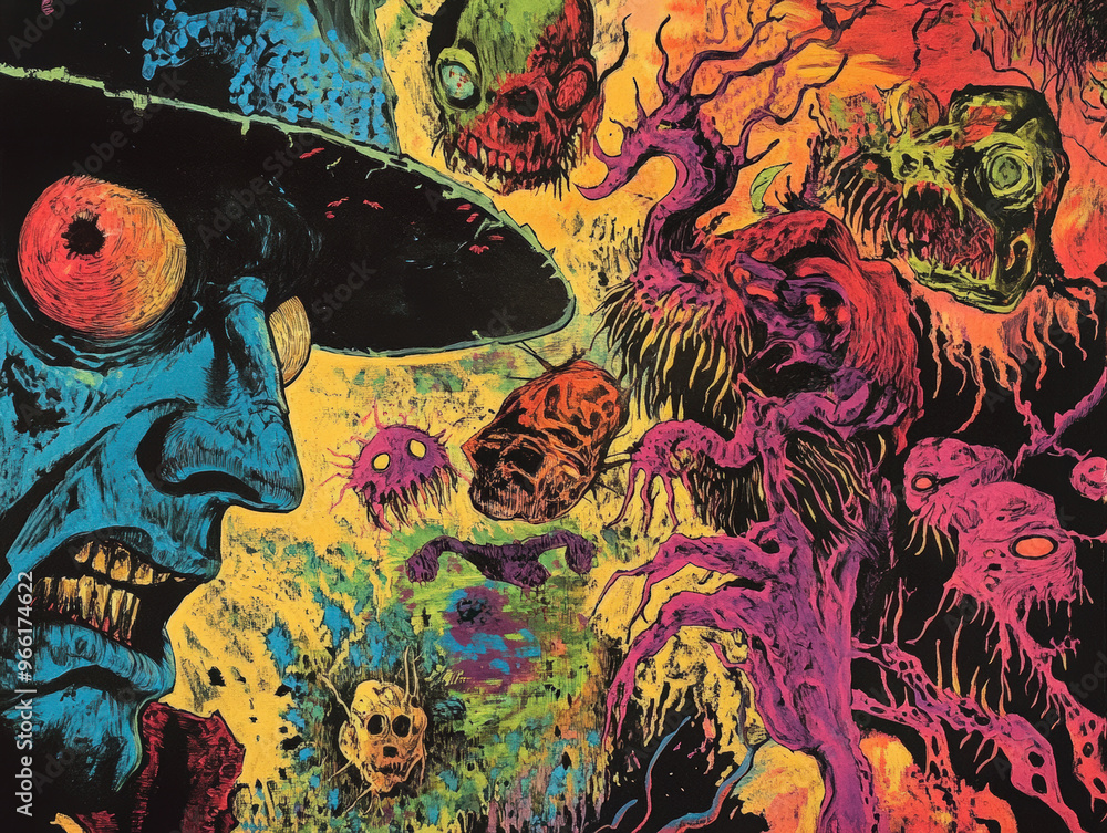 Masked Figure Amidst Chaotic Scene of Zombies and Ghouls. Vivid, neon artwork featuring a central masked figure surrounded by various monsters in a chaotic, lively atmosphere. Masked Figure Amidst Chaotic Scene of Zombies and Ghouls. Vivid, neon artwork featuring a central masked figure surrounded by various monsters in a chaotic, lively atmosphere.