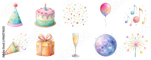 Party watercolor illustration set featuring a birthday hat, cake, confetti, balloon, popper, gift box, disco ball and sparkler. Elements in soft pastel colors isolated on transparent background