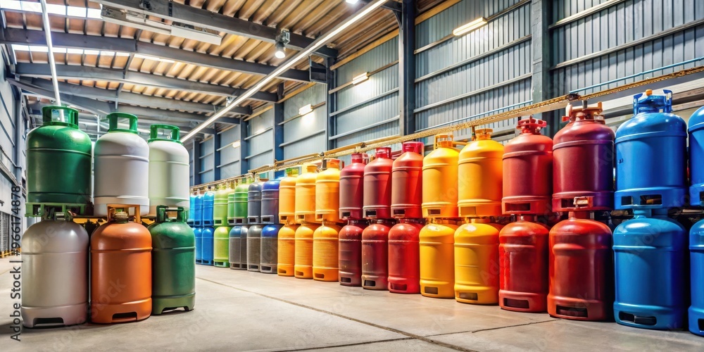 Stock photo of jerry cans and propane tanks in a storage facility Stock photo of jerry cans and propane tanks in a storage facility