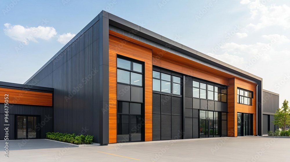 Modern warehouse exterior with clean lines and eco-friendly materials, sustainable industrial design Modern warehouse exterior with clean lines and eco-friendly materials, sustainable industrial design