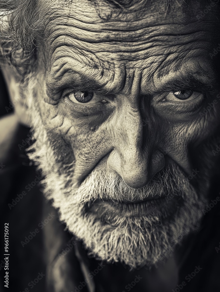 A black and white close-up portrait of an elderly man with a worried expression. The wrinkles on his face tell stories of a life well-lived, while his eyes express a sense of concern. The image captur A black and white close-up portrait of an elderly man with a worried expression. The wrinkles on his face tell stories of a life well-lived, while his eyes express a sense of concern. The image captur