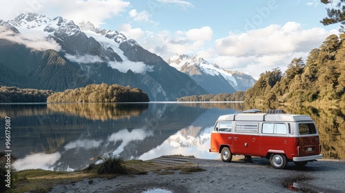 A vintage campervan parked by a lake with mountains reflected in the water. photo