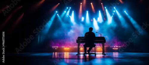 silhouette of a person on the stage in front of audience playing on piano and signing; concept of recital, music, festival, events; copy space; widescreen backdrop