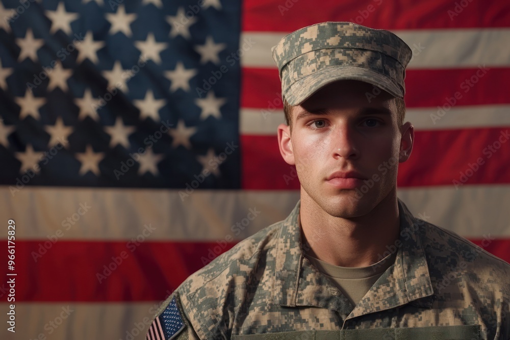 Soldier in camouflage uniform with cap in front of flag Soldier in camouflage uniform with cap in front of flag