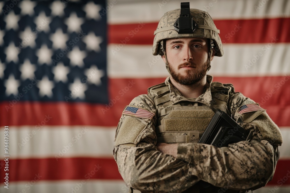 Bearded soldier crossing arms in front of the USA flag Bearded soldier crossing arms in front of the USA flag
