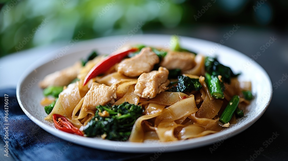 A delicious serving of Thai Pad See Ew, with stir-fried flat noodles, vegetables, and tender chicken, presented in a traditional Thai dish with a clean, modern background. A delicious serving of Thai Pad See Ew, with stir-fried flat noodles, vegetables, and tender chicken, presented in a traditional Thai dish with a clean, modern background.