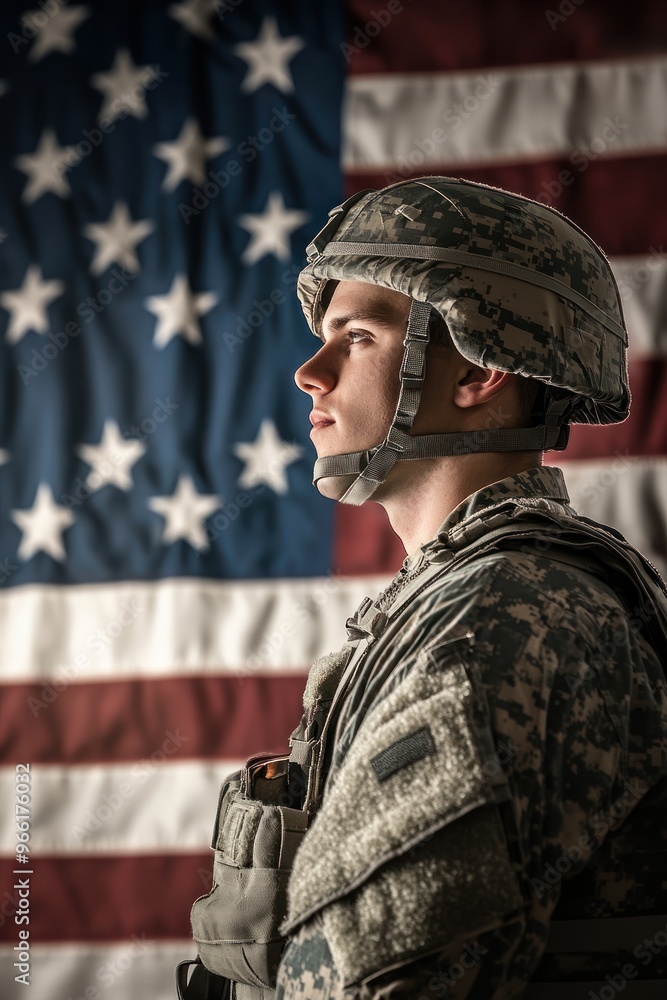 Side view of soldier against American flag background