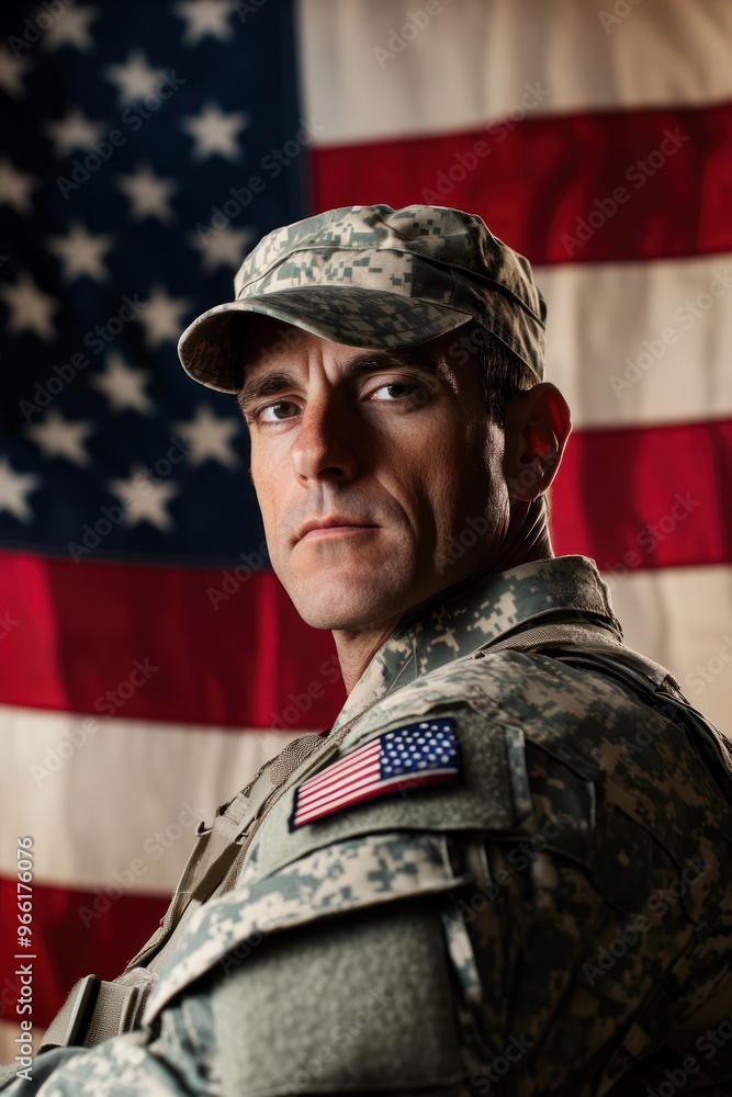 US soldier in uniform with American flag background. US soldier in uniform with American flag background.