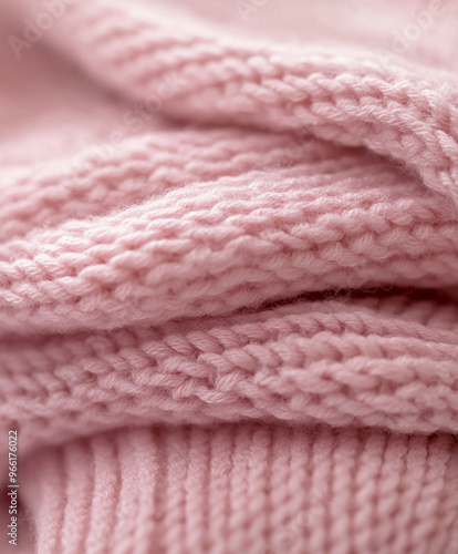 Hand-knitted garter stitch baby blanket, soft pink wool, folded neatly with a close-up focus on the raised ridges of the stitch pattern