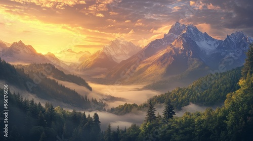 A breathtaking panorama captures the essence of nature's beauty. A golden sunrise bathes the towering snow-capped mountains in warm light, while a misty forest valley stretches out below, symbolizing 