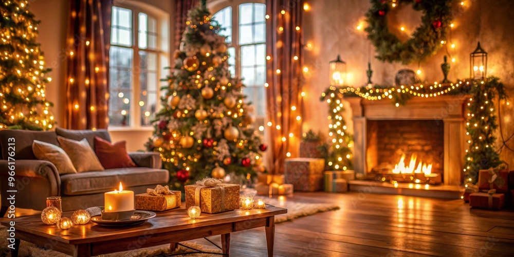 Obraz premium Cozy Christmas Eve Fireplace, Christmas Tree, Candles, Gift , Christmas, Decor, Home