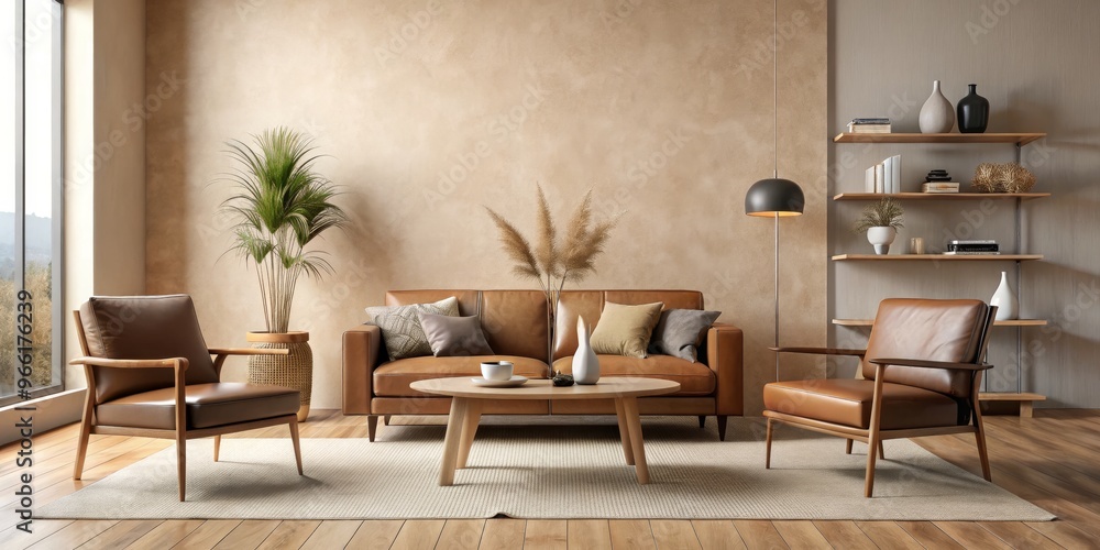 Cozy Living Room with Tan Leather Sofa and Armchairs, Beige Rug, Wooden Floor and Natural Decor, Interior Design, Living Room Decor, Home Decor Cozy Living Room with Tan Leather Sofa and Armchairs, Beige Rug, Wooden Floor and Natural Decor, Interior Design, Living Room Decor, Home Decor