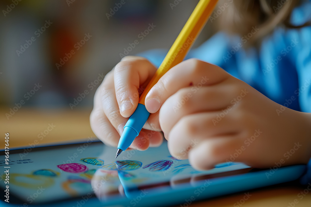 © kashiStock - a child’s hand drawing on a tablet with a stylus, with educational content displayed on the screen