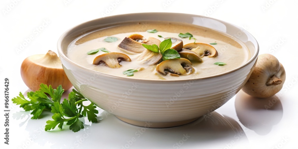 Creamy Mushroom Soup in a Bowl with Fresh Parsley and Onions, Soup , Mushroom , Food Creamy Mushroom Soup in a Bowl with Fresh Parsley and Onions, Soup , Mushroom , Food