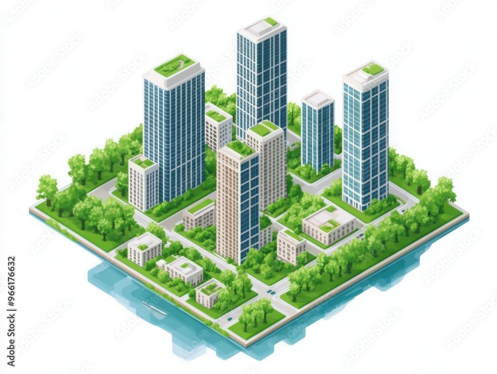 A conceptual design of a sustainable city layout, futuristic and eco-friendly, isometric view, isolated on white background A conceptual design of a sustainable city layout, futuristic and eco-friendly, isometric view, isolated on white background