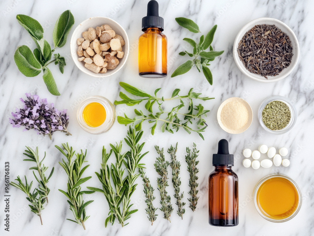 Diverse collection of natural herbs and essential oils displayed on a marble surface with various containers and ingredients arranged artfully Diverse collection of natural herbs and essential oils displayed on a marble surface with various containers and ingredients arranged artfully