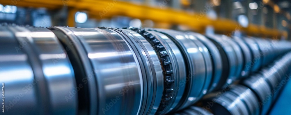 Rows of steel barrels in a warehouse, focusing on metal textures and reflections Rows of steel barrels in a warehouse, focusing on metal textures and reflections
